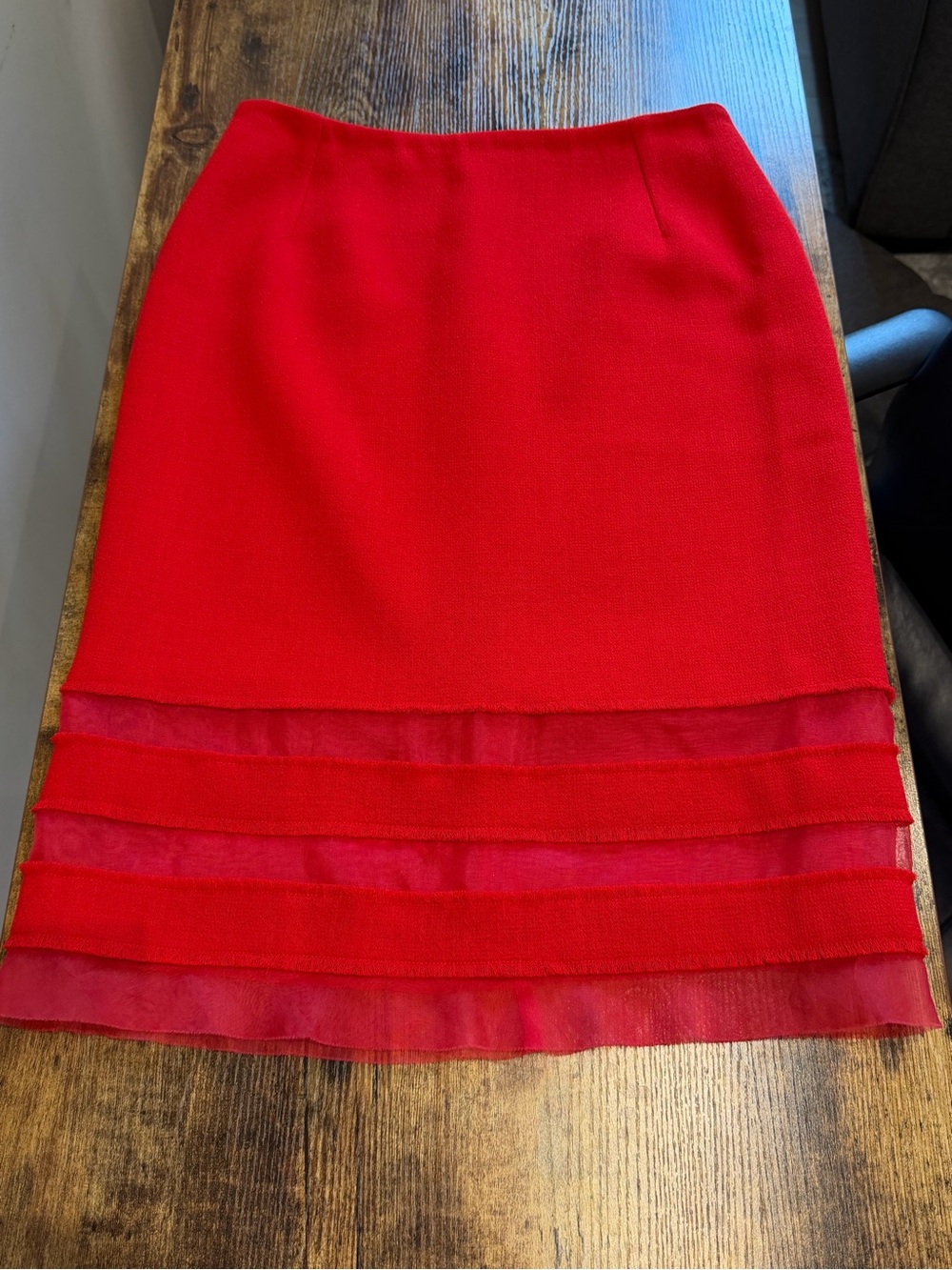 Oscar de la Renta Red Pencil Skirt with Sheer Tiered Hem - Picture 6 of 6